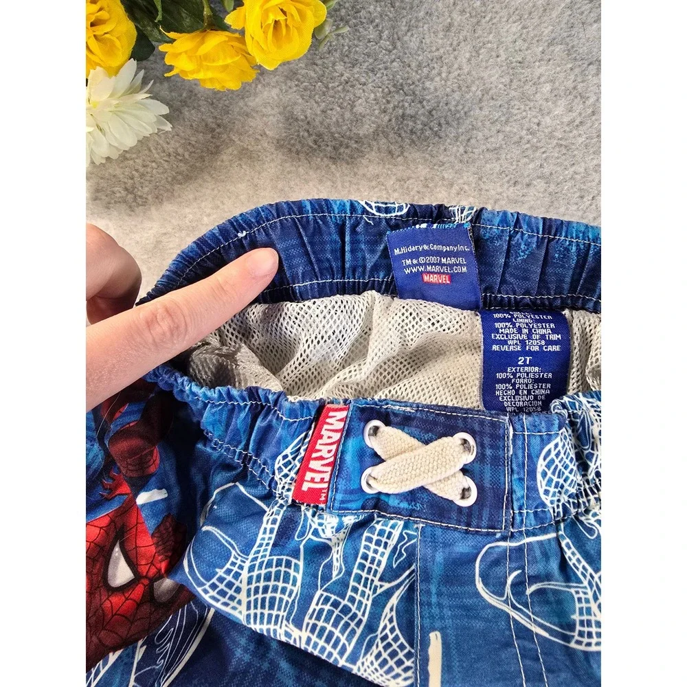 Marvel The Amazing Spiderman Boys Blue Plaid Swim Trunks Size 2T 2007 Vintage